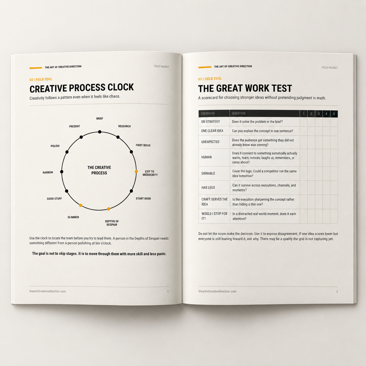 The Field Packet open to the Creative Process Clock and The Great Work Test field tools